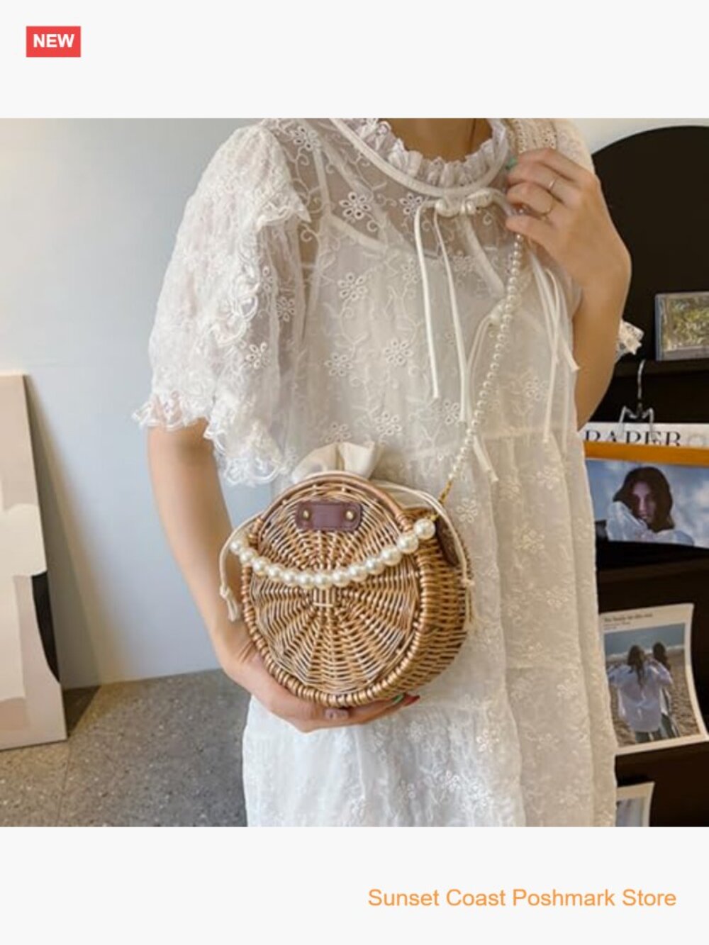Round Rattan Bag Hand-woven Wicker Basket Purse Boho Crossbody With Pearl Strap - Picture 3 of 7